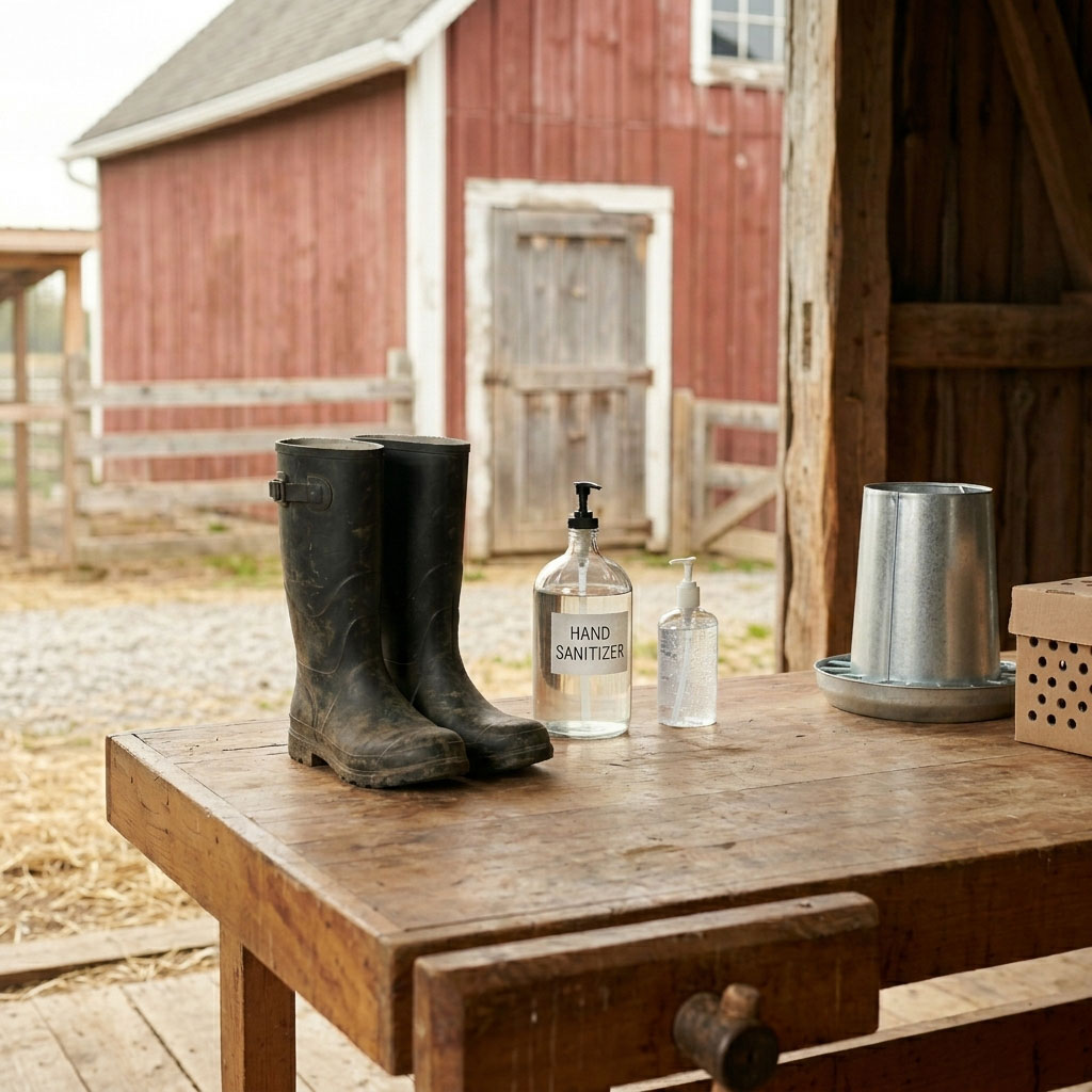 Boots, hand sanitizer and a poultry feeder on a wooden table.