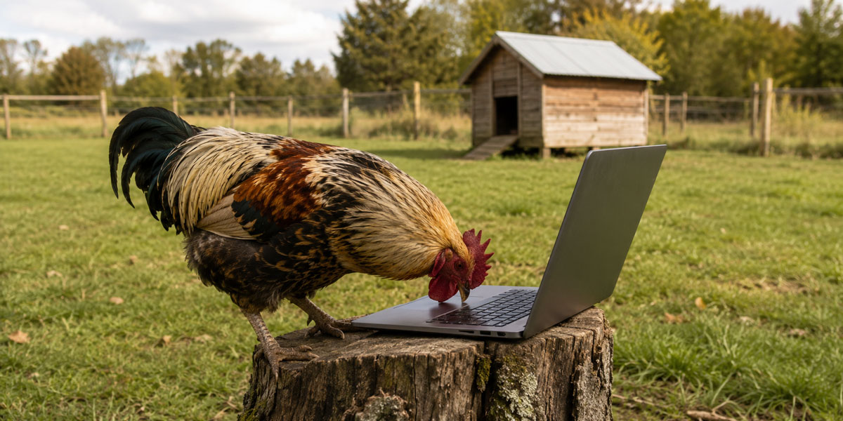 A rooster pecking the keys on a laptop.